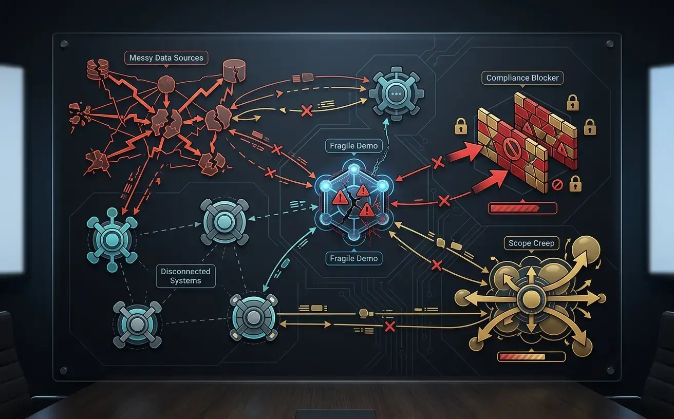 AI failure map: messy data, disconnected systems, fragile demos, compliance blockers, and scope creep