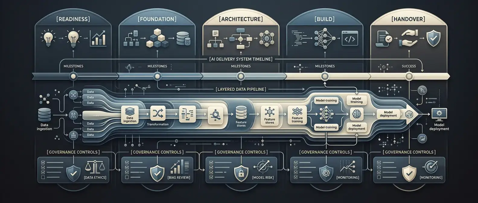 Proprietary AI Delivery System pipeline: Readiness, Foundation, Architecture, Build, Handover