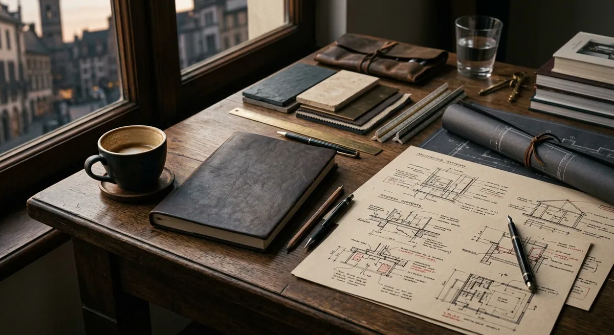 Architect's desk with system diagrams and notebook