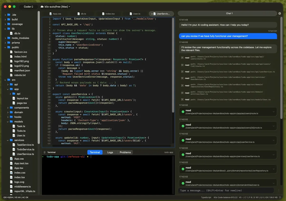 compass IDE: file tree, code editor with a TypeScript service, terminal, and the agent chat reading project files